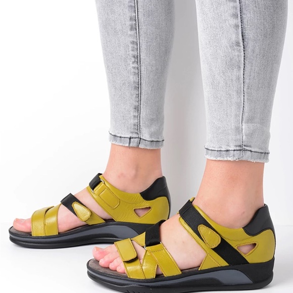 Wolky Shoes - Wolky Yellow and Black Sporty Sandals with Velcro Straps